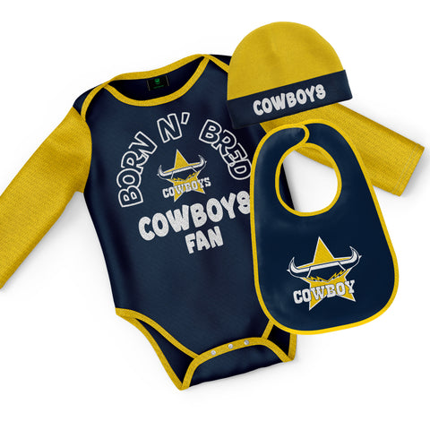 North Queensland Cowboys NRL Baby Infant Romper Bodysuit Beanie Bib 3pc Gift Set