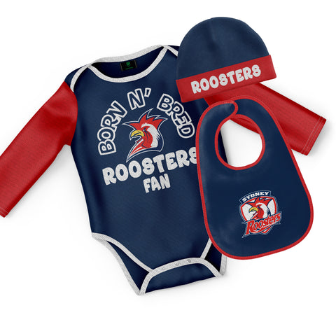 Sydney Roosters NRL Baby Infant Romper Bodysuit Beanie Bib 3pc Gift Set