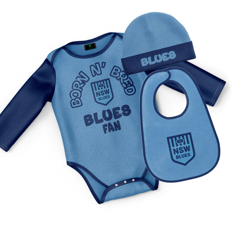 NSW Blues State Of Origin Baby Infant Romper Bodysuit Beanie Bib 3pc Gift Set