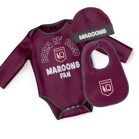 QLD Maroons State Of Origin Baby Infant Romper Bodysuit Beanie Bib 3pc Gift Set